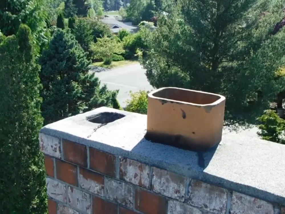 Uncapped chimney top showing open flue tiles
