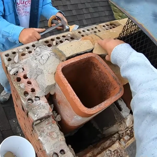 Technician replacing a mesh screen on an existing chimney cap