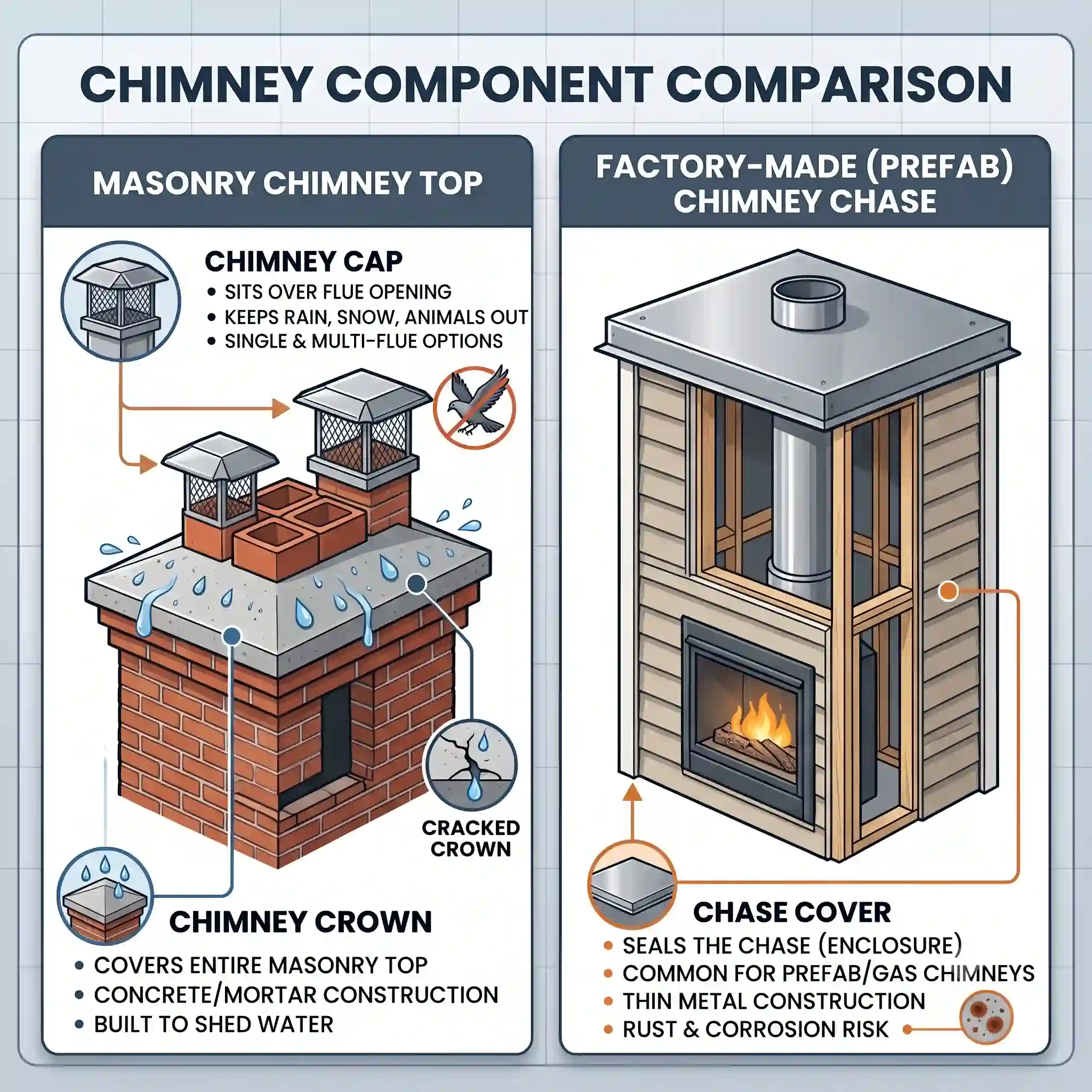 Diagram showing differences between a chimney cap, concrete crown, and prefab chase cover