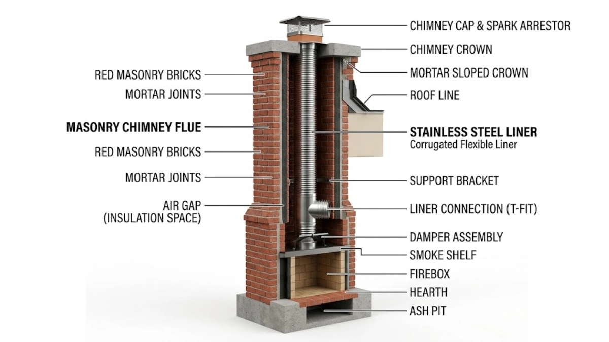 Creosote and soot buildup lining a chimney flue